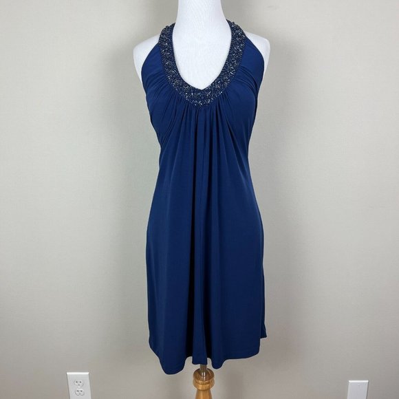 Alex Evenings Dress 4P Navy Blue Pleated Beaded Halter V-Neck Padded Bust Party - Picture 13 of 13